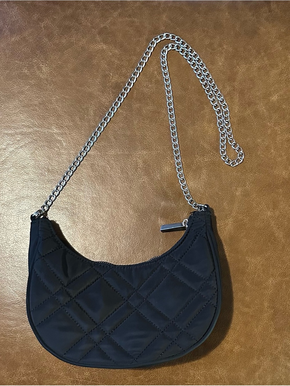 Forever 21 Black Quilted Crescent Mini Bag with Silver Chain